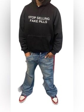Infame Outrage STOP SELLING FAKE PILLS Black Reflective Hoodie Oversized